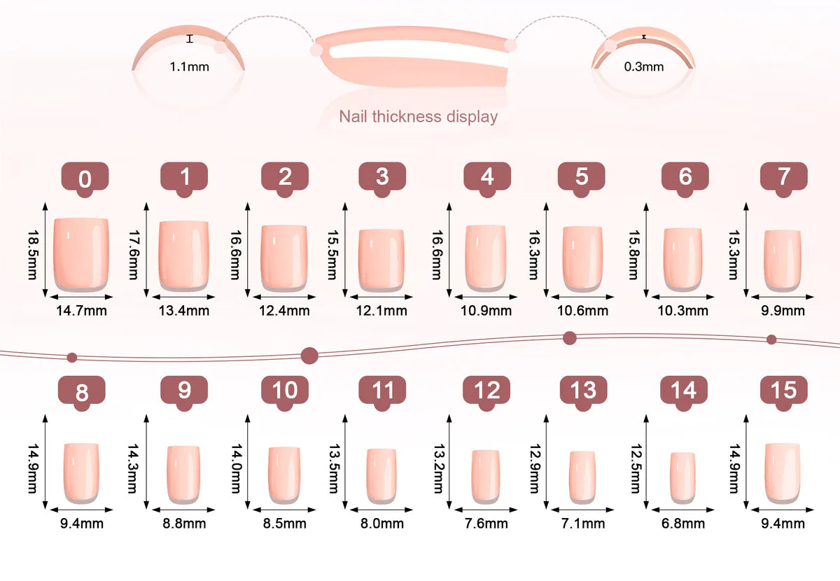 Référence de tailles pour ongles Carré · Moyen : largeur et longueur de chaque tip en millimètres, toutes les tailles du set.