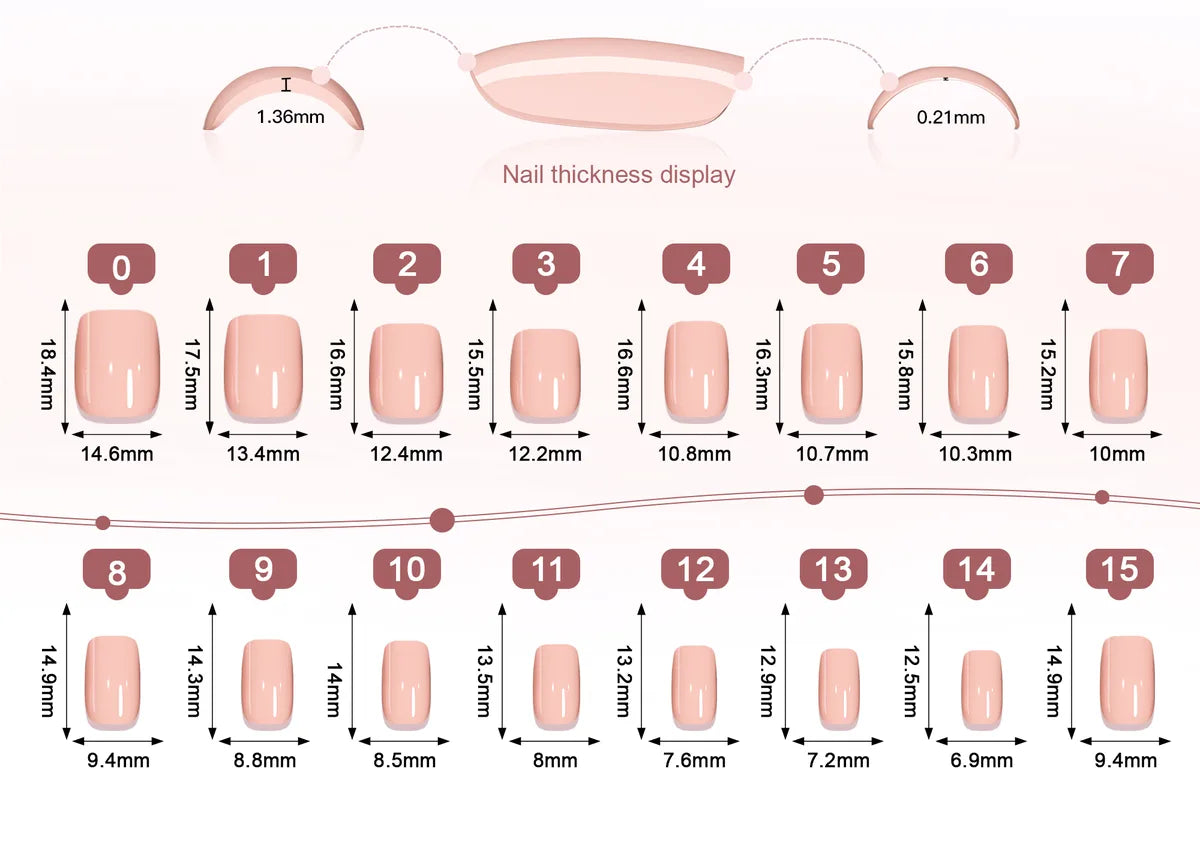 Référence de tailles pour ongles Carré · Court : largeur et longueur de chaque tip en millimètres, toutes les tailles du set.