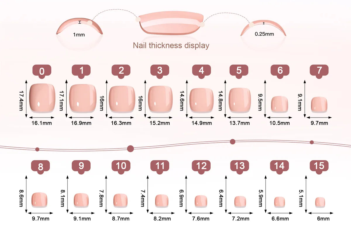 Size reference for Toenails nails — tip width and length in millimetres, every size in this set.