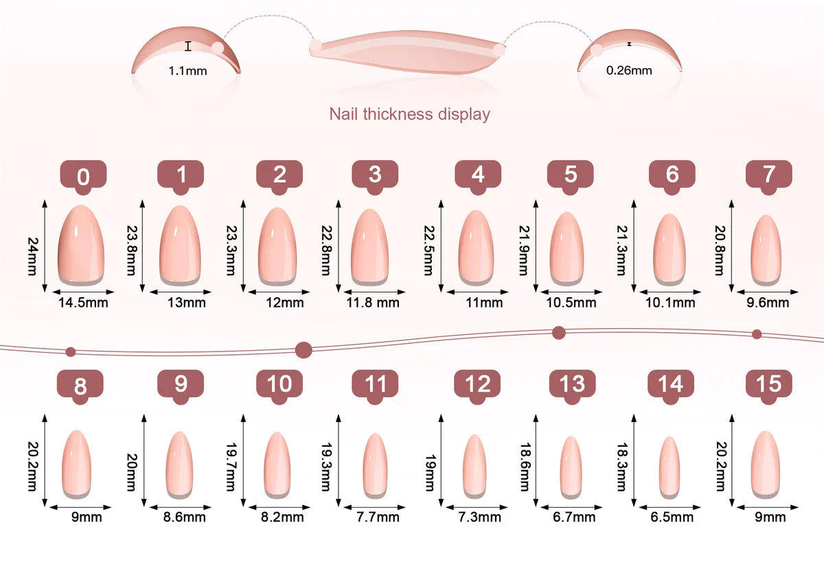 Size reference for Almond · Medium nails — tip width and length in millimetres, every size in this set.