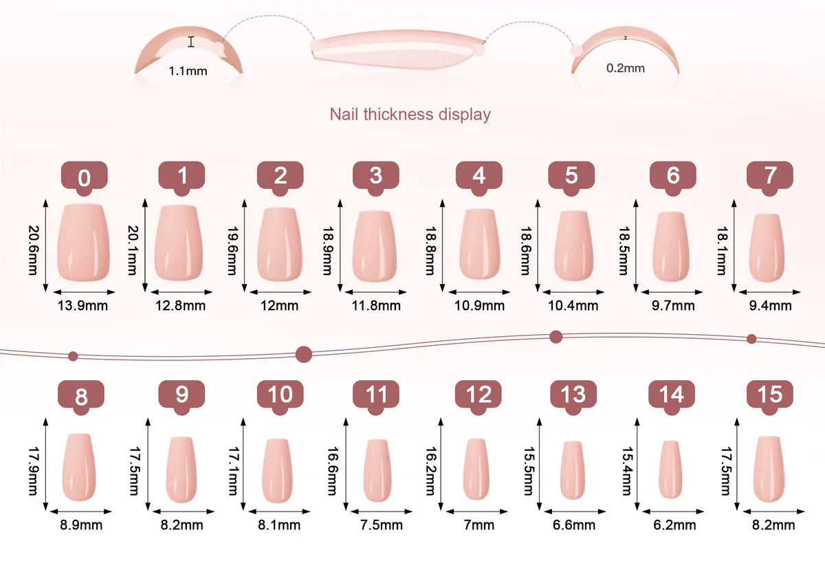 Größenreferenz für Coffin · Mittel Nägel: Breite und Länge jeder Spitze in Millimetern, alle Größen dieses Sets.