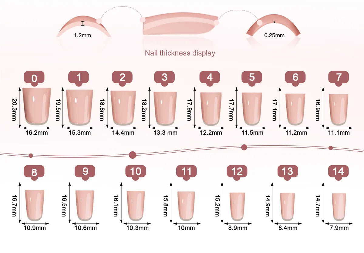 Référence de tailles pour ongles Duck · Moyen : largeur et longueur de chaque tip en millimètres, toutes les tailles du set.
