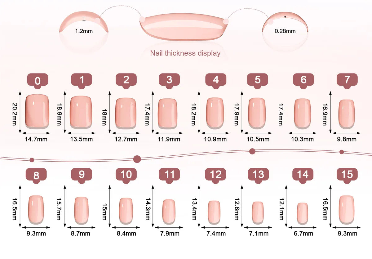Référence de tailles pour ongles Carré · Moyen : largeur et longueur de chaque tip en millimètres, toutes les tailles du set.