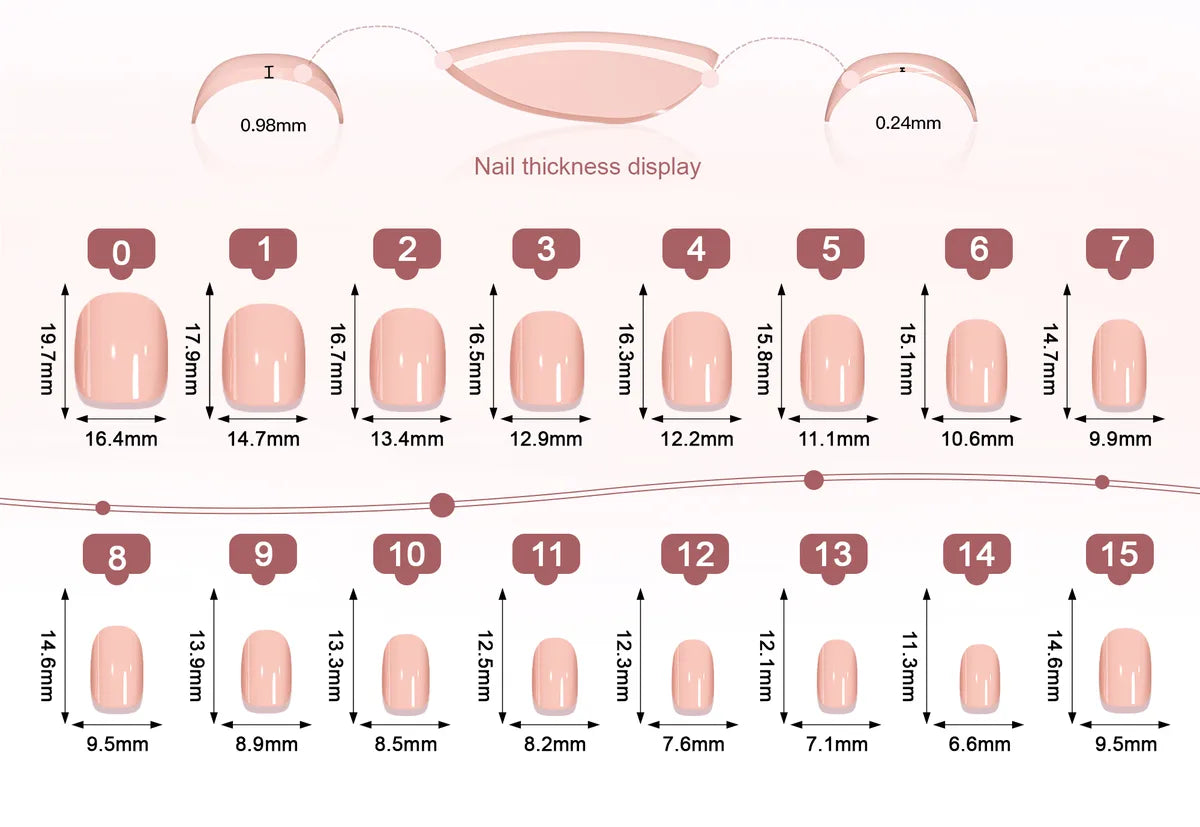 Référence de tailles pour ongles Squoval · Très court : largeur et longueur de chaque tip en millimètres, toutes les tailles du set.